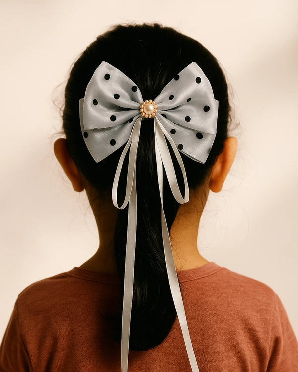 Grey Polka Dot Tissue Bow with Hanging Ribbons