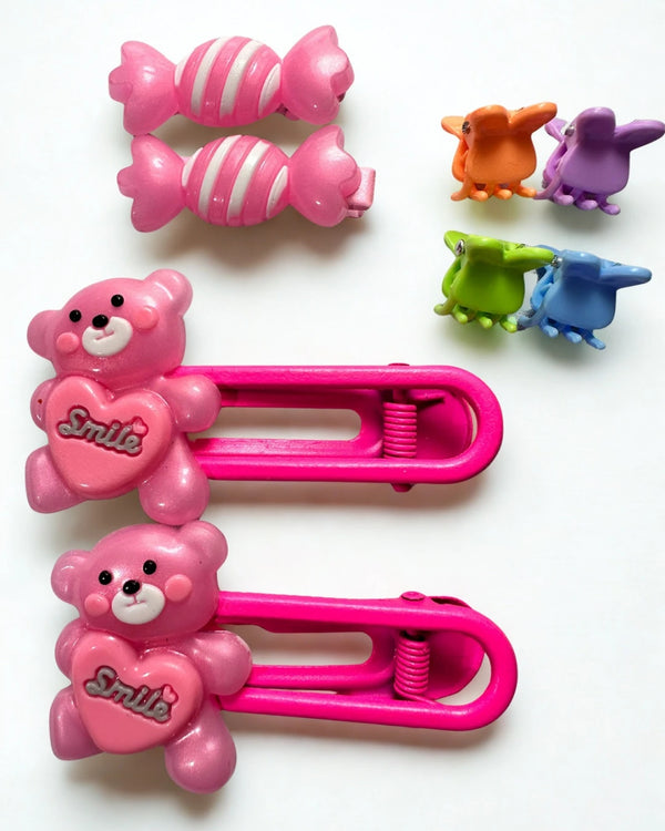 Imported Teddy Themed Hair Clip Set- 8Pcs