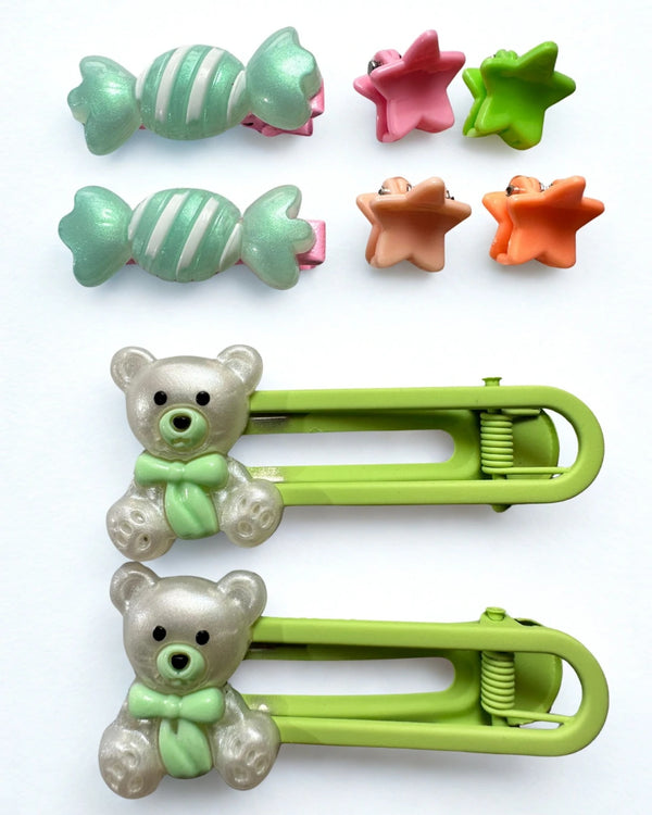 Imported Bow Teddy Hair Clip Set- 8Pcs
