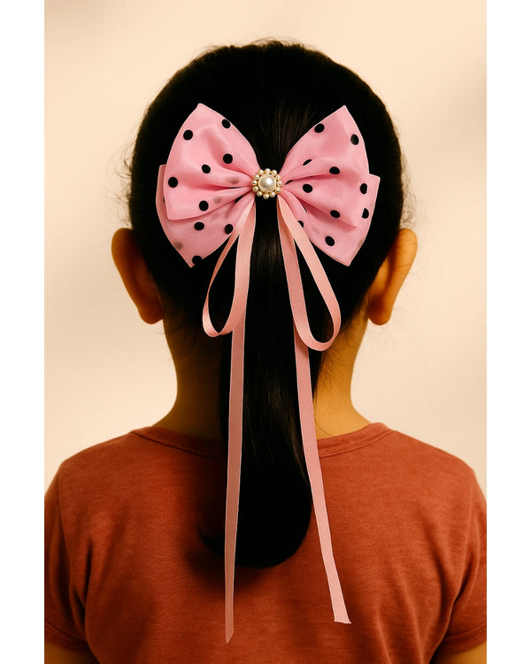 Pink Polka dot tissue bow with hanging ribbons
