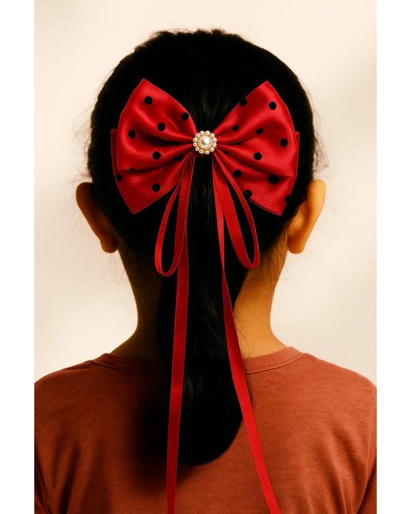 Red Polka Dot Tissue Bow with Hanging Ribbons.