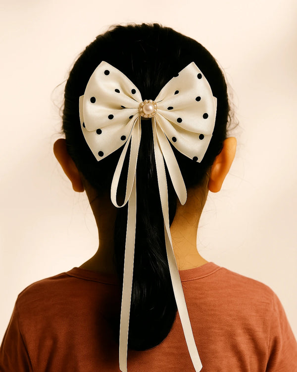Off white Polka dot tissue bow with hanging ribbons