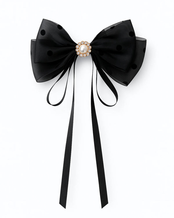 Black Polka Dot Tissue Bow with Hanging Ribbons