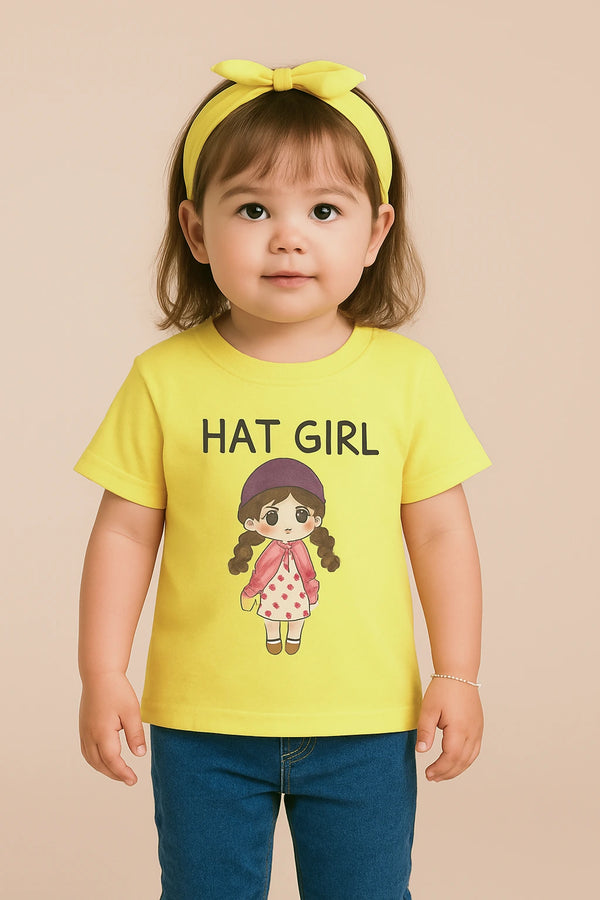 Adorable Yellow T-Shirt for Girls – Cute Hat Girl Cartoon Print