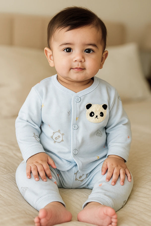 Imported Baby Panda Sleepsuit - Soft Cotton, Long Sleeve (Blue)