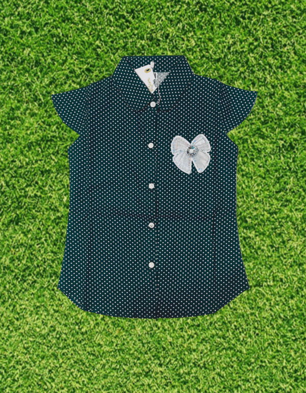 Girls' Navy Blue Polka Dot Shirt with Decorative Bow