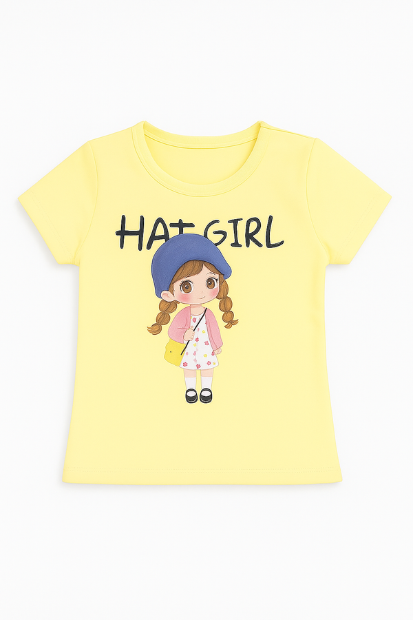 Adorable Yellow T-Shirt for Girls – Cute Hat Girl Cartoon Print