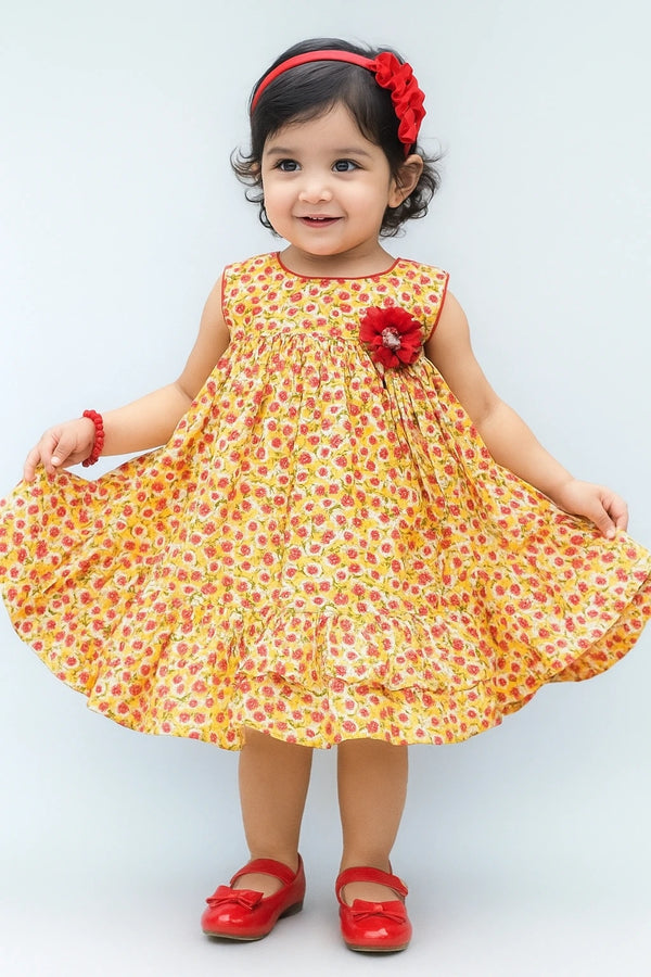 Cotton Floral Print Orange Frock