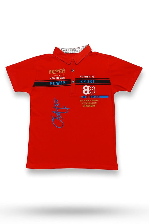 Boys’ Red Polo T-Shirt – “New Gamer” Sporty Racing Style